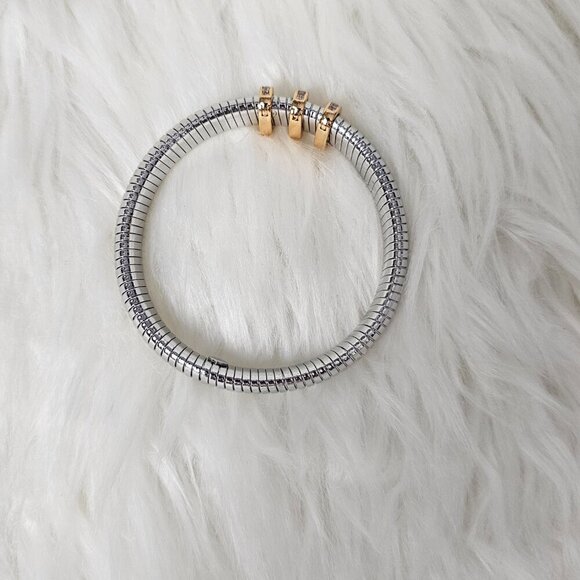 Pave Trio Snake Chain Two Tone Silver & Gold Band Bracelet - Picture 7 of 7